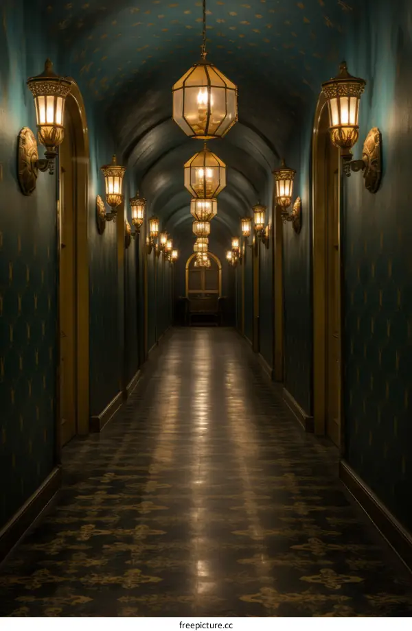 Golden Lanterns Adorn Long Green Hallway