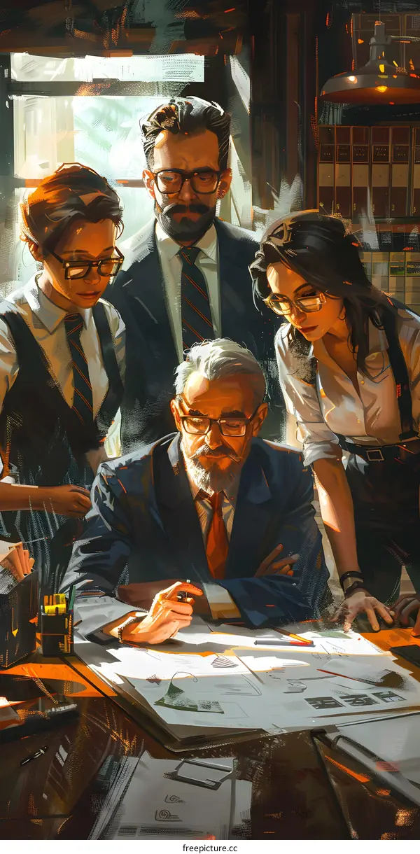 A group of people are discussing a project in an office.