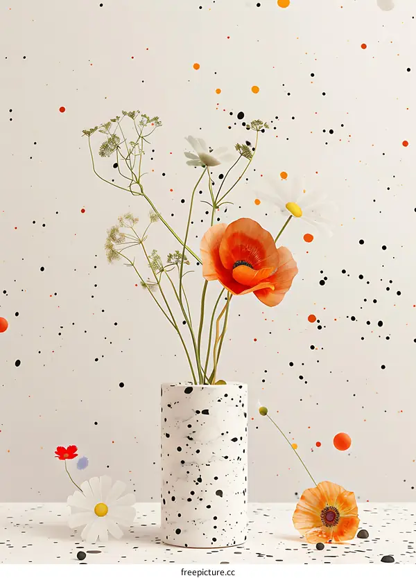White Vase with Orange and White Flowers on a White Background with Black and Orange Dots