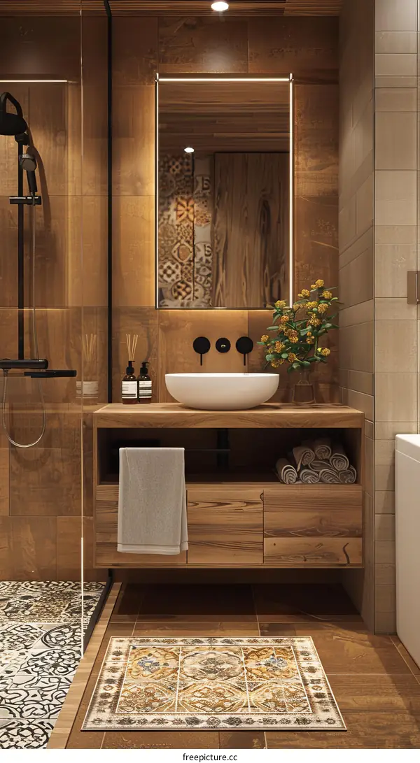 Modern Wooden Bathroom Vanity with Tile Backsplash