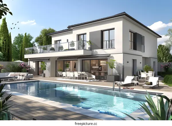 Modern White House With Swimming Pool and Outdoor Furniture