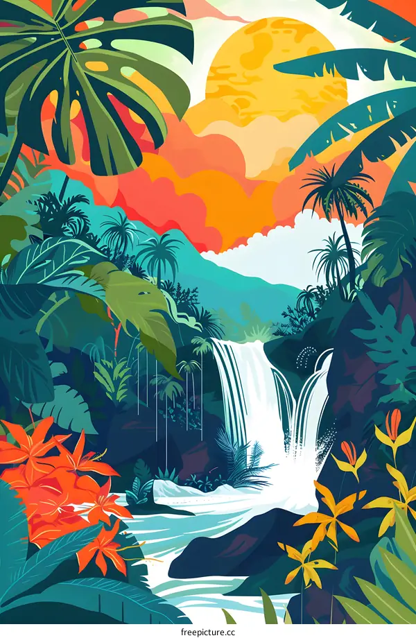 Tropical Waterfall Landscape Illustration