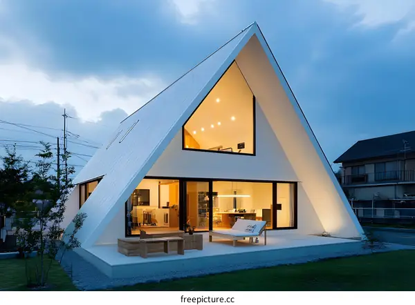 Modern White Triangular House with Patio and Green Grass