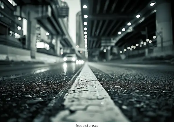 Black and white photograph of an asphalt road leading into the distance with white lane dividers