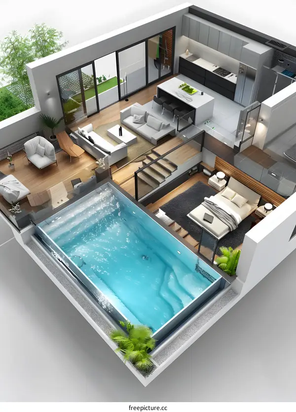 Modern house interior with swimming pool