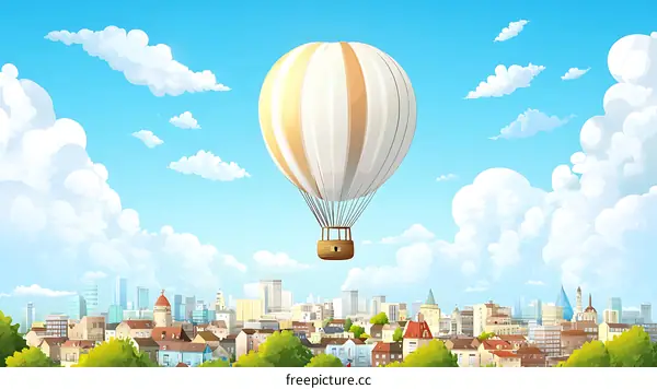 Hot Air Balloon Flying Over Cityscape Illustration