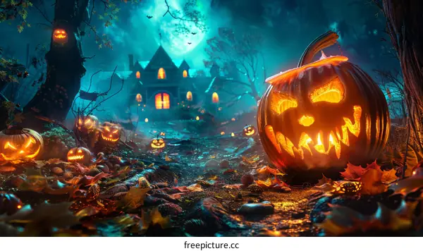 Spooky Halloween with Haunted House and Illuminated Pumpkin Lanterns