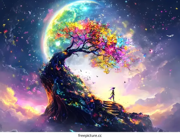 Fantasy Art Painting of a Woman Standing on a Hilltop with a Large Tree and a Moon in the Background