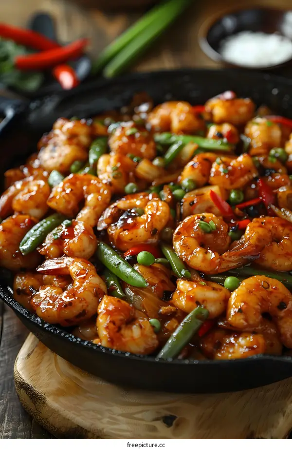Stir Fried Shrimp With Vegetables In A Cast Iron Pan