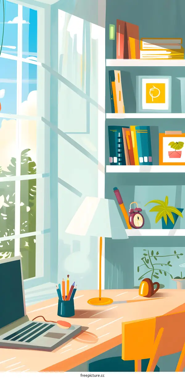 Home Office Desk with Laptop, Books, and Plants