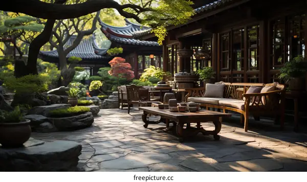 Courtyard with traditional chinese architecture and garden