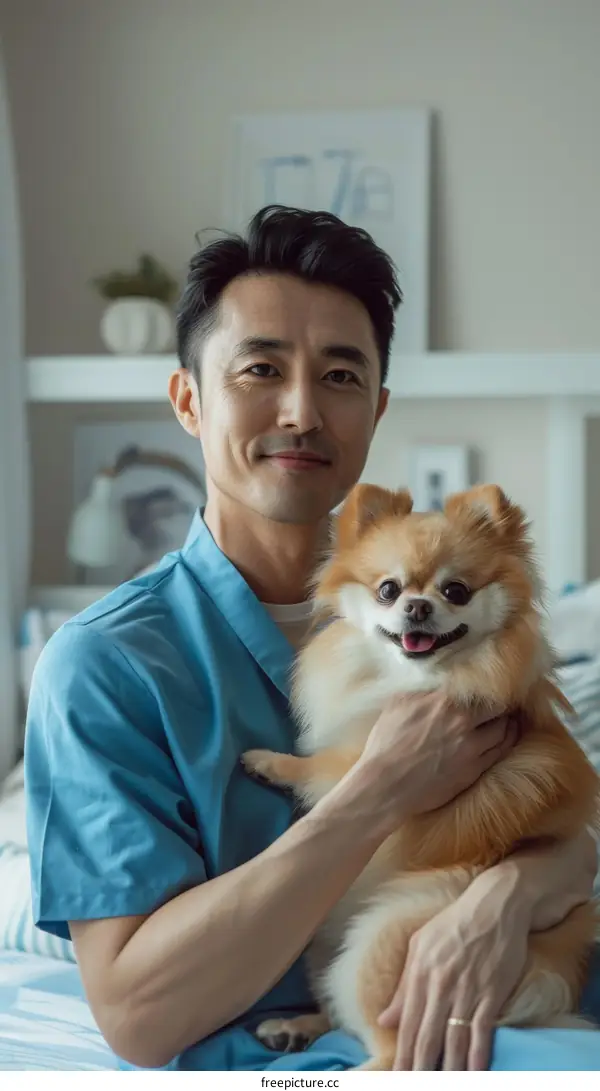 Asian male veterinarian holding a Pomeranian dog