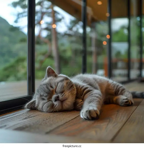 A gray cat is sleeping on the wooden floor in the house