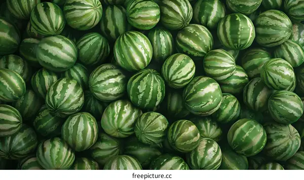 A large pile of green watermelons with dark green stripes