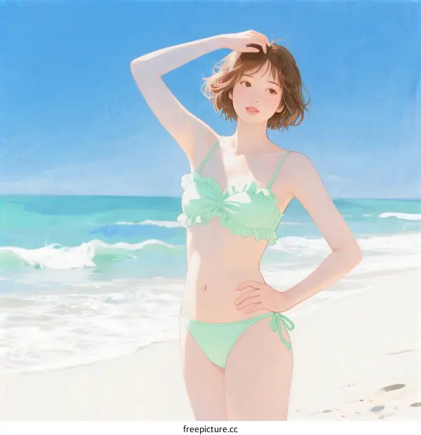 A Young Woman Wearing Green Bikini Standing on Beach
