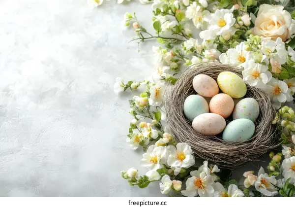 Easter Eggs in a Nest with Spring Flowers