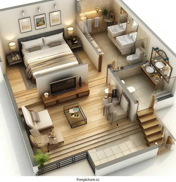Perspective Isometric 3D Cutaway Illustration of a Modern Apartment Interior