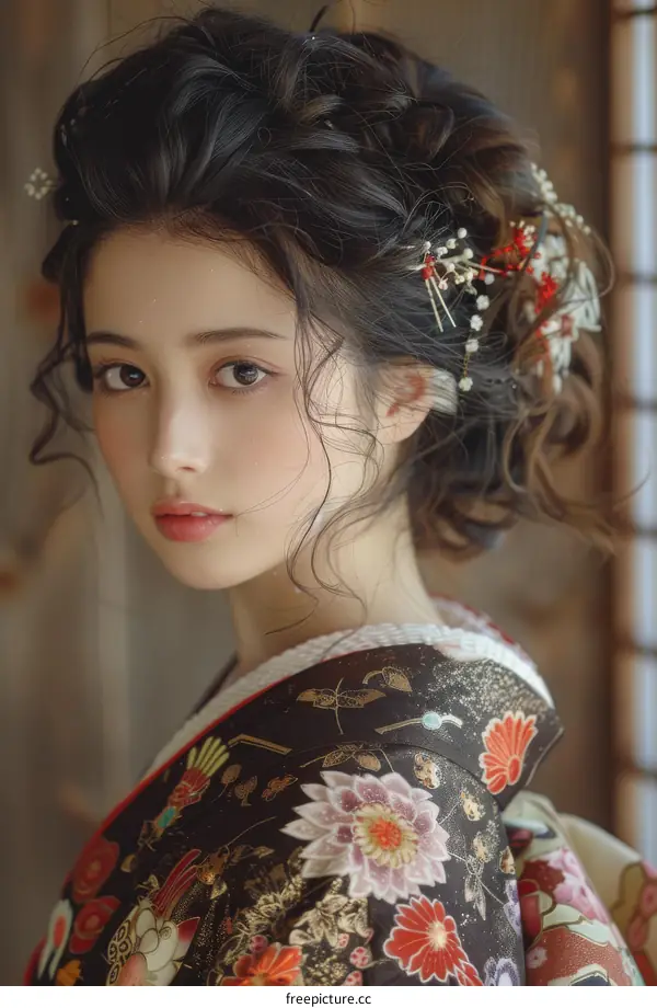 Portrait of a beautiful Asian woman in traditional Japanese kimono