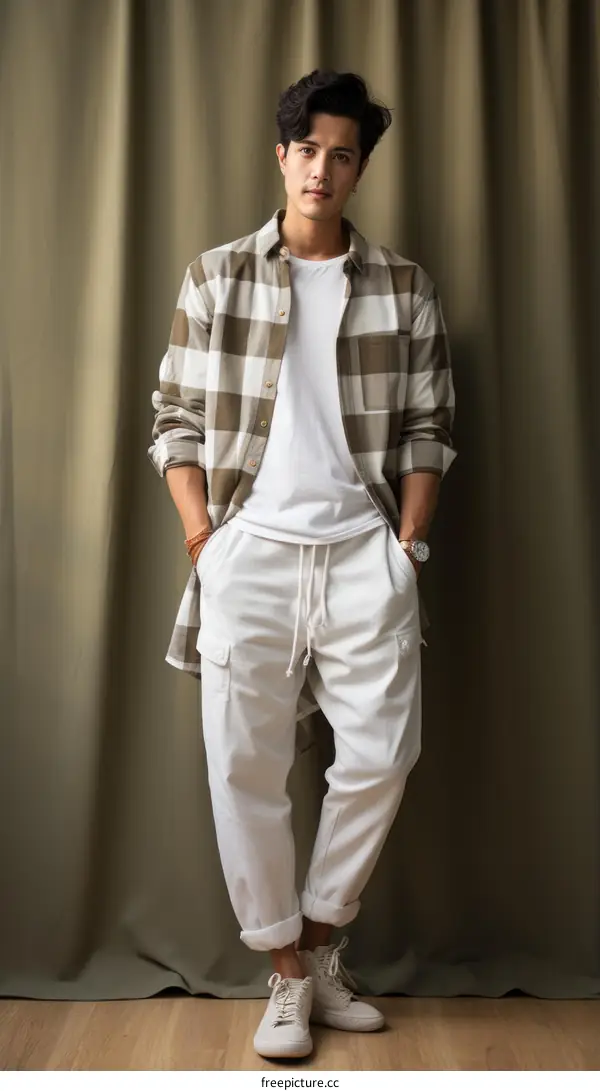 Asian man wearing a white shirt and white pants with hands in pockets