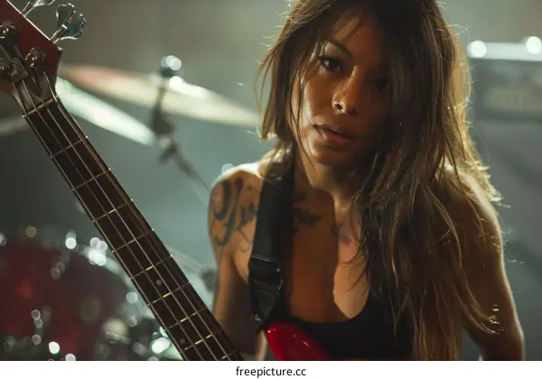 Portrait of a Female Musician Playing Bass Guitar