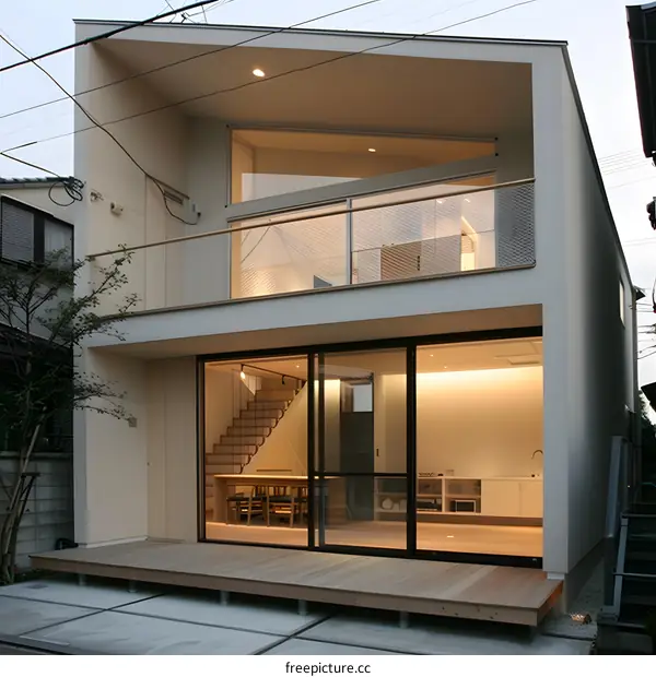 Modern Two Story House with Balcony and Wooden Deck