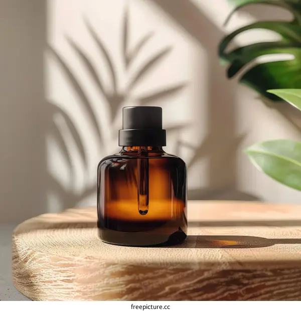 Close-up of a dropper bottle on a wooden table