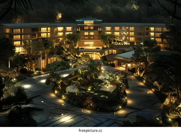 Luxury Resort at Night with Illuminated Gardens