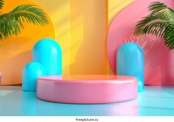 Colorful Geometric Display Stand with Palm Leaves