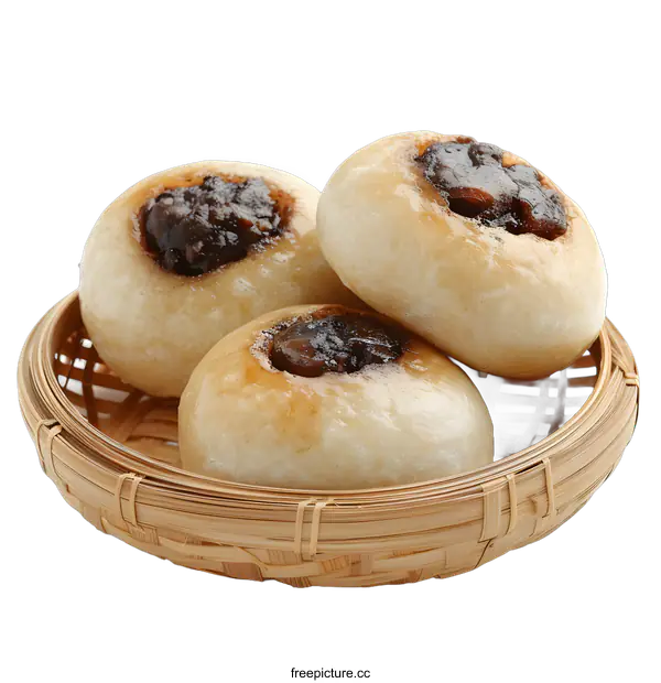 [Transparent Background PNG]Three Meat Buns in Bamboo Basket