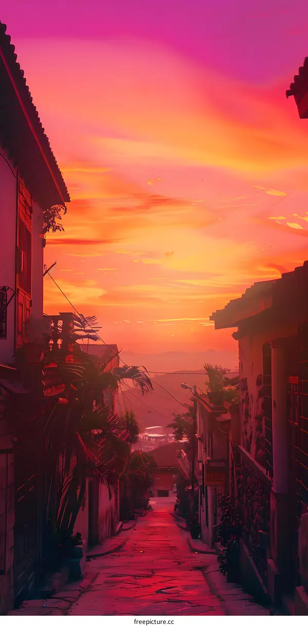 Sunset Over the Narrow Street in a City