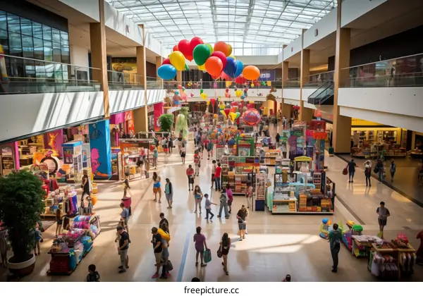 A large group of people walking around in a shopping mall