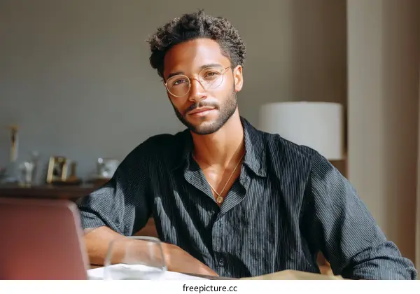 Focused Black Man Working at Laptop