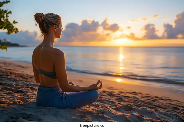 Woman Meditating On Beach At Sunset