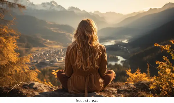 Serene Woman Meditating in the Mountains