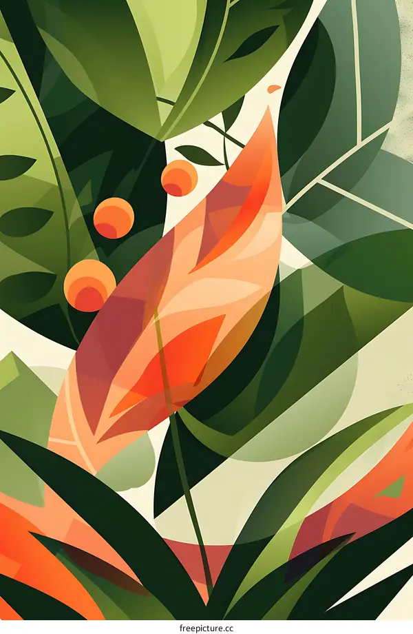 Abstract Green and Orange Tropical Leaves Illustration