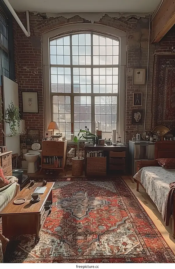 Cozy Apartment Interior with Red Rug and Large Window