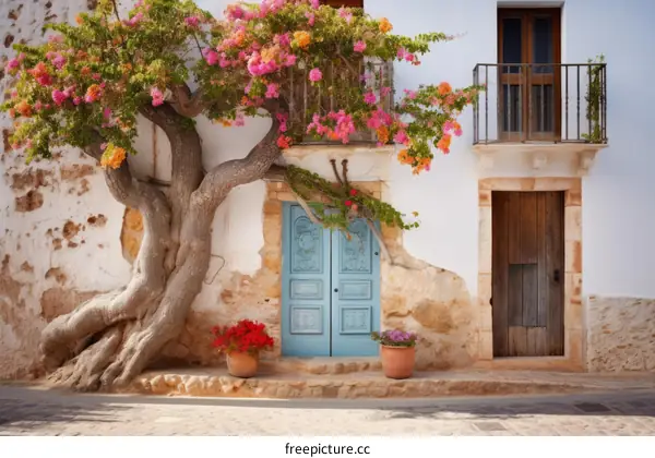 A beautiful Mediterranean house with a bougainvillea tree in front of it