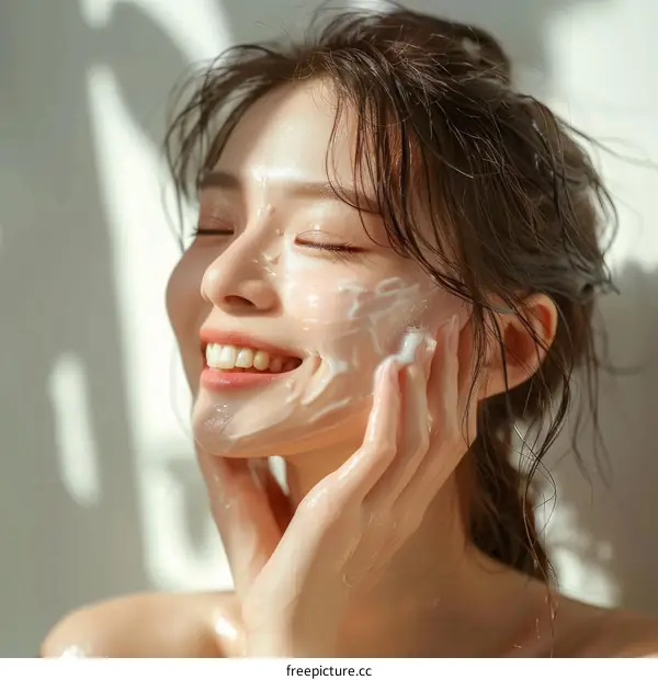 Asian woman washing her face with a cleanser and smiling