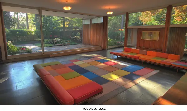 Mid-Century Modern Living Room with Colorful Patchwork Rug