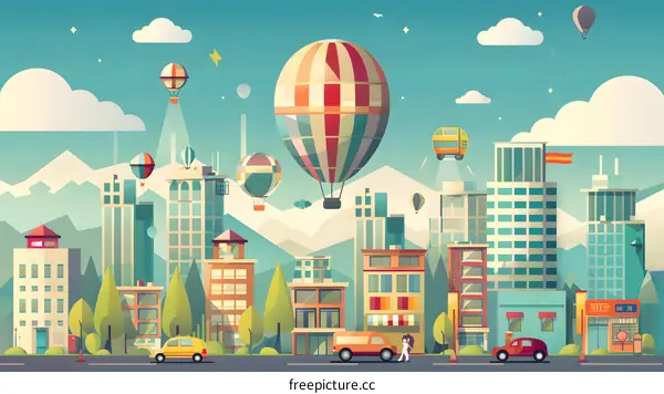 Futuristic Cityscape with Hot Air Balloons and Flying Cars