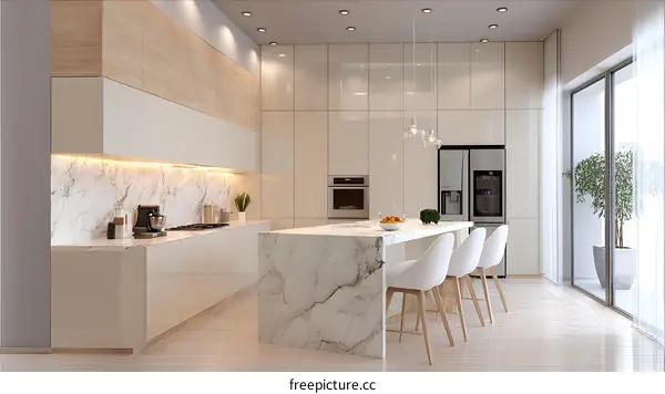 Modern Beige Kitchen with Marble Countertop