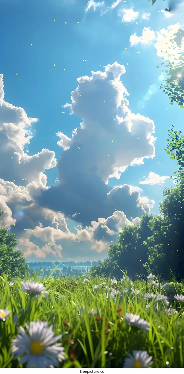 White clouds float in the blue sky above a lush green meadow