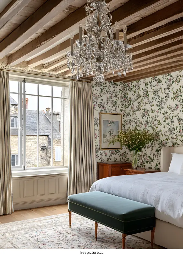 Elegant Bedroom Interior Design with Floral Wallpaper and Chandelier