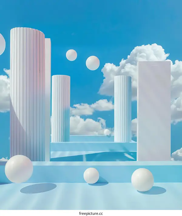 Abstract Background with White Columns and Spheres in Blue Sky