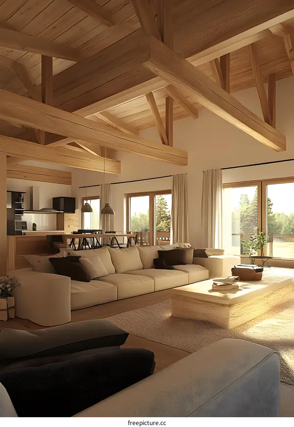 Modern Minimalist Living Room Interior Design with Wooden Beams