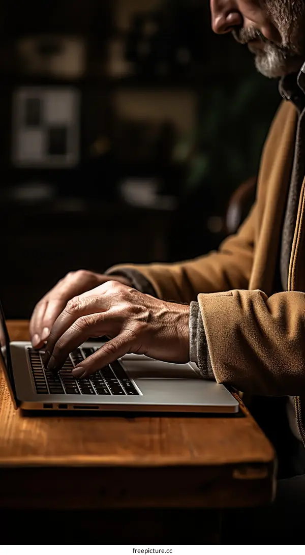 A man is typing on a laptop in a dimly lit room
