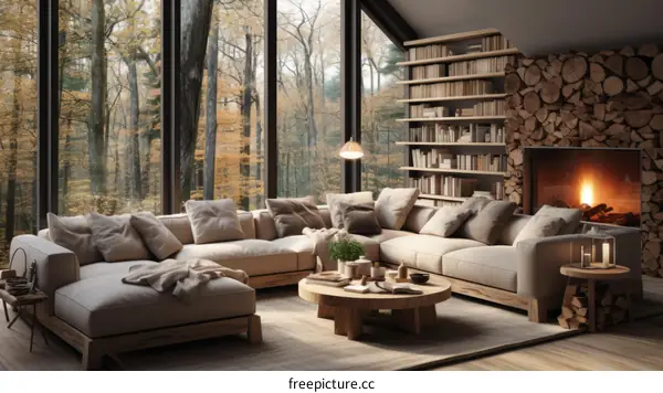 Cozy Cabin Living Room with Fireplace and Forest View