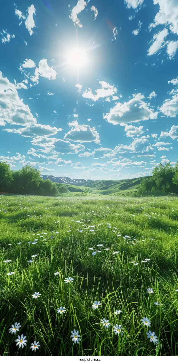 Field of Daisies Swaying Under Blue Sky