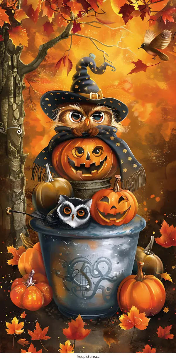 Owl With Hat and Pumpkins for Halloween