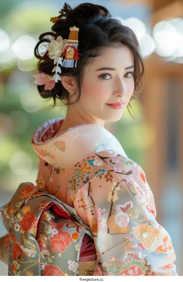 Portrait of a beautiful Japanese woman in traditional kimono
